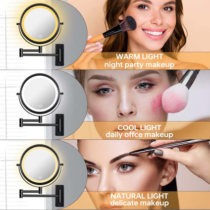 Miroir de maquillage mural rond de 8 pouces pour salle de bain, rechargeable, grossissement 1x/10x, 3 couleurs d'éclairage