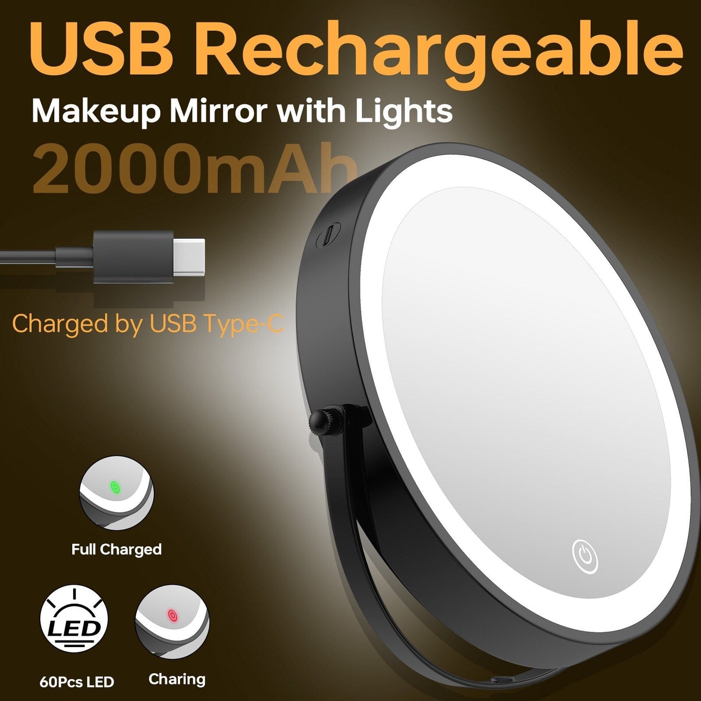 Miroir de maquillage mural rond de 8 pouces pour salle de bain, rechargeable, grossissement 1x/10x, 3 couleurs d'éclairage