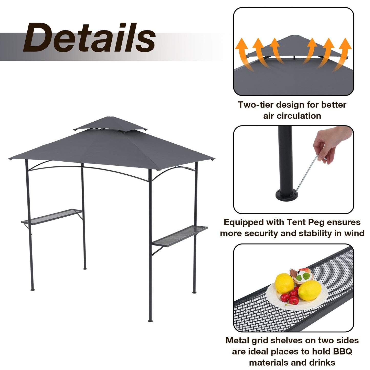 8' x 5' Outdoor Rainproof Grill Gazebo With Double Layer Vented Design