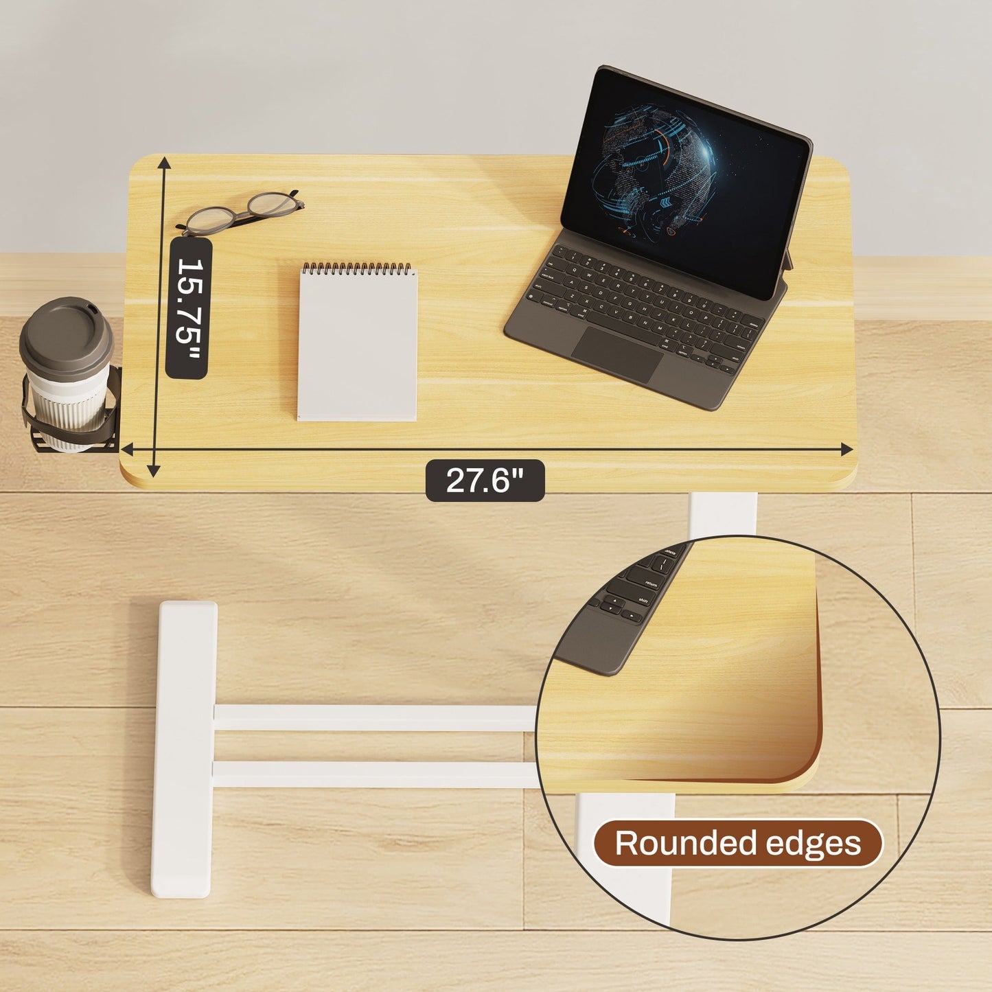 FunniHomi 28/32 Movable Overbed Table Height Adjustable Computer Desk with Wheels, White/Black Laptop Table for Bed and Sofa