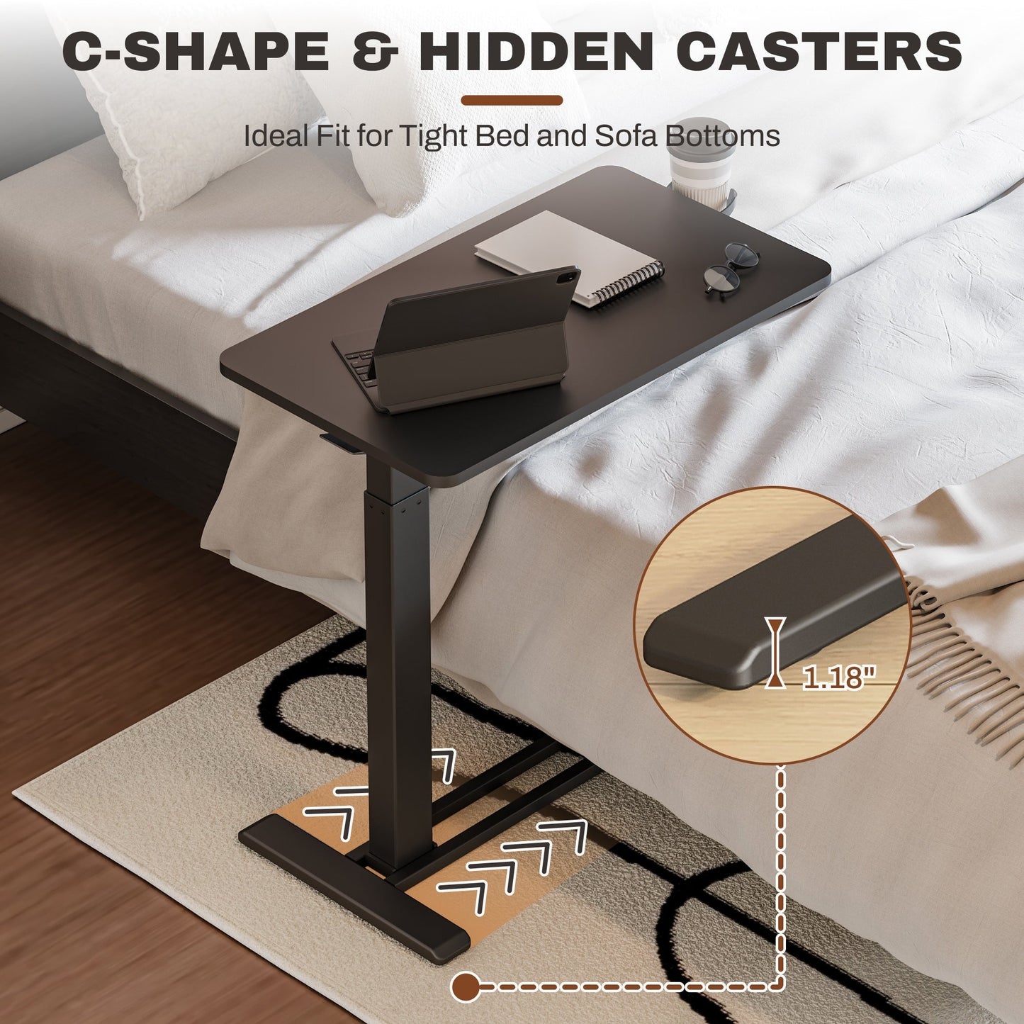 FunniHomi 28/32 Movable Overbed Table Height Adjustable Computer Desk with Wheels, White/Black Laptop Table for Bed and Sofa