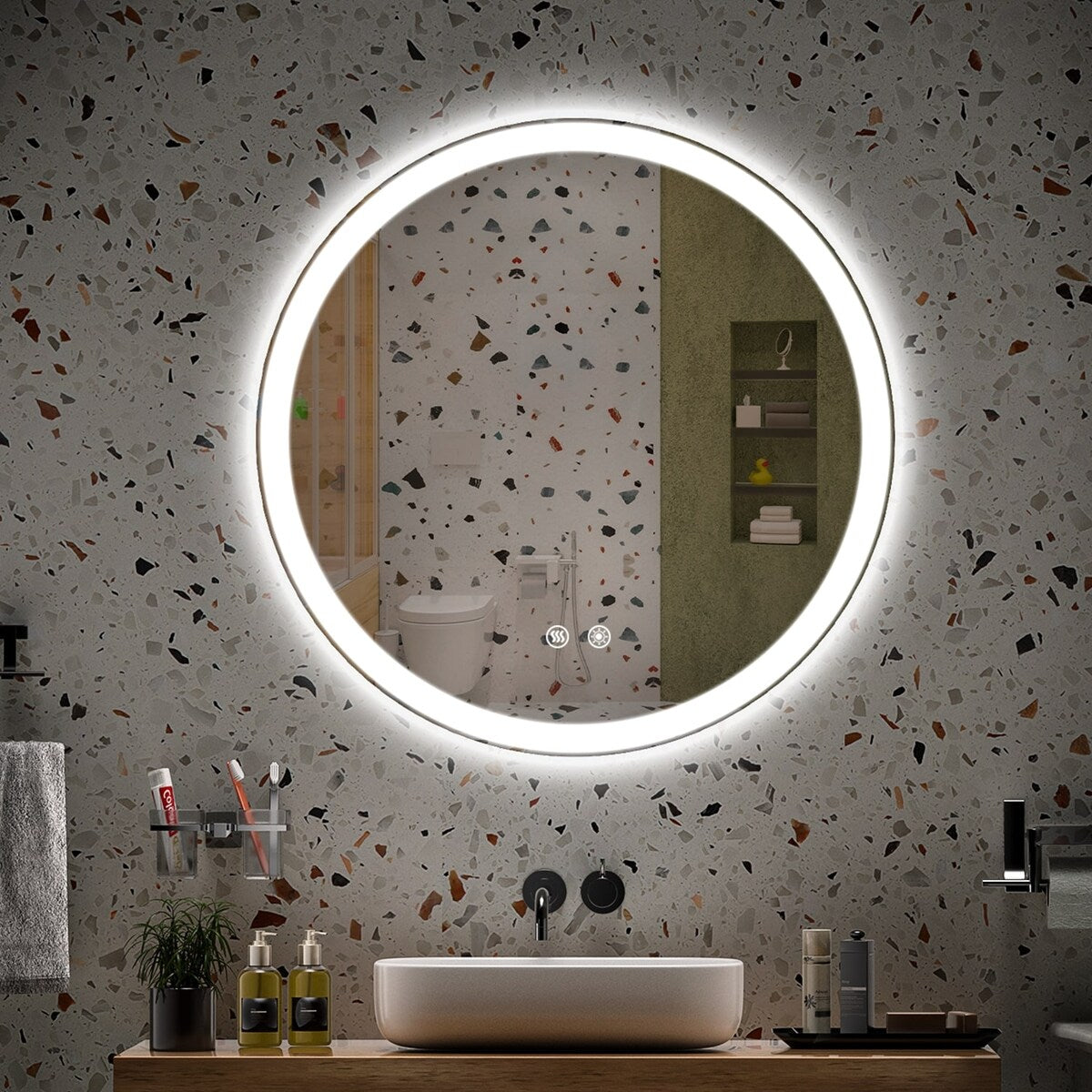 Miroir de courtoisie rond sans cadre, antibuée, éclairé par LED et à intensité variable