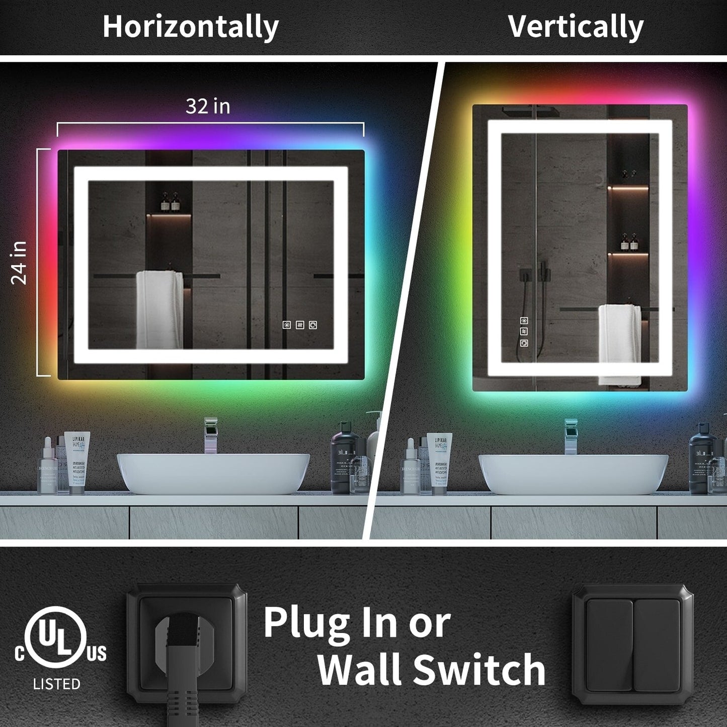 Miroir de salle de bain antibuée rétroéclairé RVB et à éclairage frontal LED