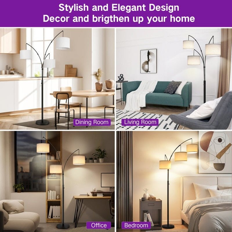 Lampadaire LED Arc à intensité variable, moderne, noir, 3 lampes, haut et arqué