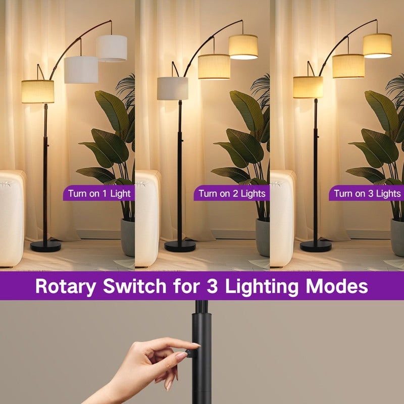 Lampadaire LED Arc à intensité variable, moderne, noir, 3 lampes, haut et arqué