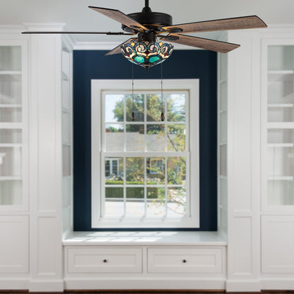 Ventilateur de plafond Astrid River of Goods, 3 lumières, 52 pouces, bronze huilé multicolore et vitrail - 52 x 52 x 14,75/19,75