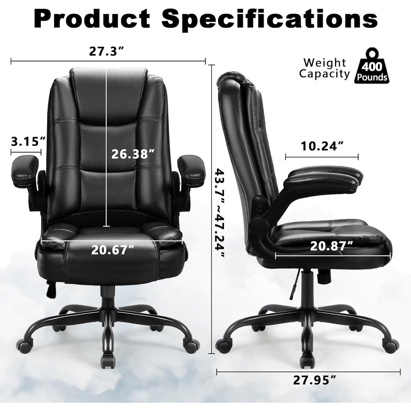 BOSSIN Big and Tall Office Chair Ergonomic High Back Computer Adjustable Height Leather Executive Chair with Padded Flip-up Arms