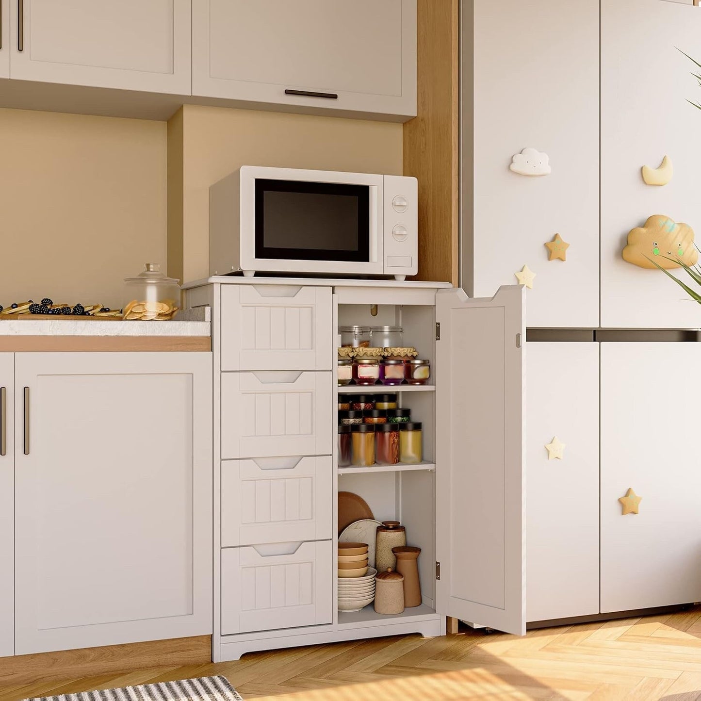 Meuble de rangement de salle de bain, meuble de rangement de sol autonome avec 4 tiroirs et étagère réglable