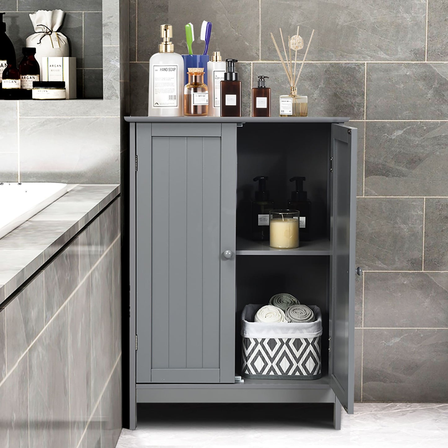 Bathroom Storage Cabinet with Double Doors Wooden Floor Shoe Cabinet