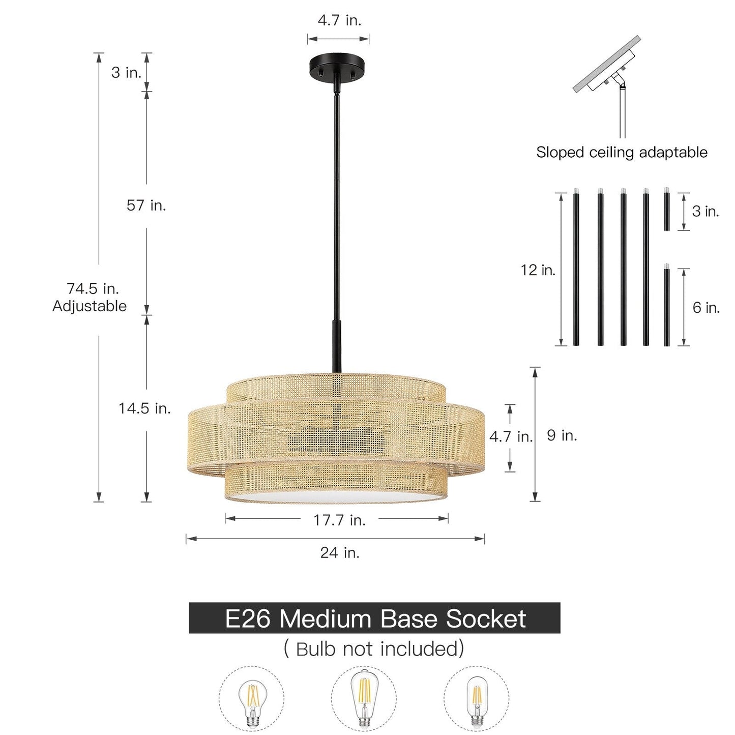 Lustre tambour côtier noir Bayou à 5 lumières avec double abat-jour en rotin - 24 po de largeur