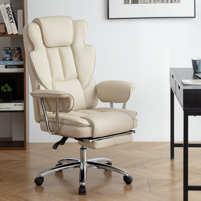 Fauteuil de bureau ergonomique pivotant à 360° en cuir reconstitué beige, dossier haut, dossier haut, soutien lombaire, repose-pieds, hauteur réglable