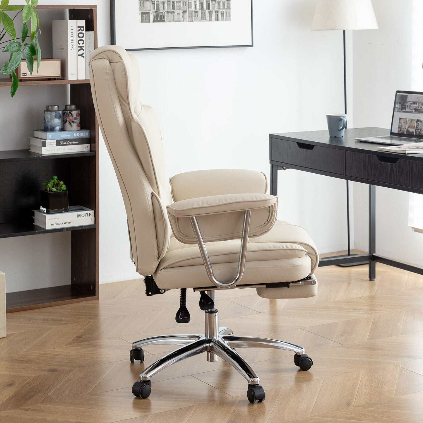 Fauteuil de bureau ergonomique pivotant à 360° en cuir reconstitué beige, dossier haut, dossier haut, soutien lombaire, repose-pieds, hauteur réglable