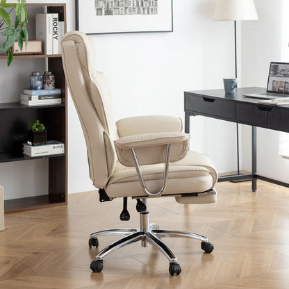Fauteuil de bureau ergonomique pivotant à 360° en cuir reconstitué beige, dossier haut, dossier haut, soutien lombaire, repose-pieds, hauteur réglable