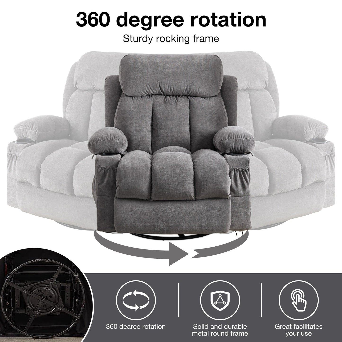 Fauteuil inclinable pivotant beige avec massage, chauffage et chargement USB