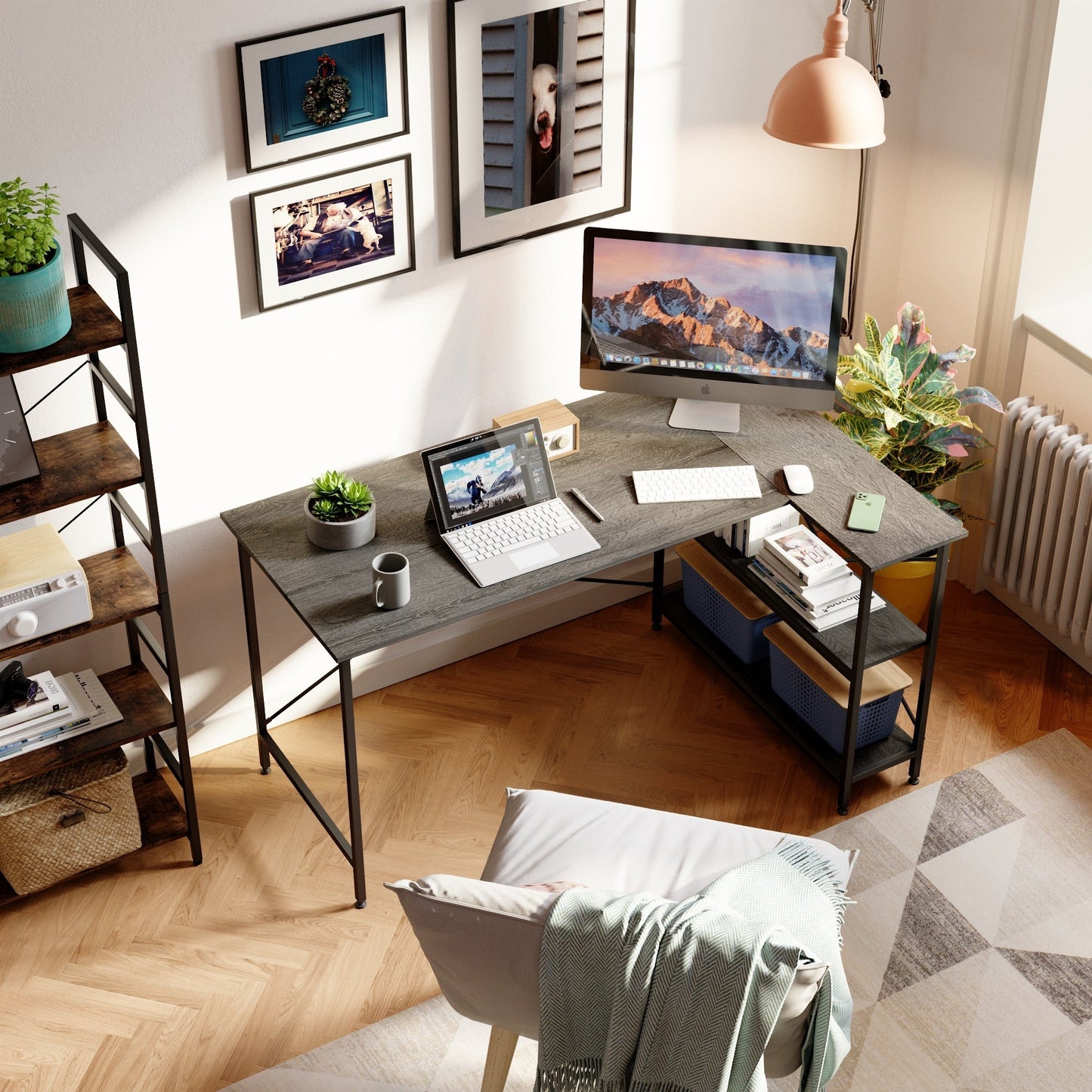 Petit bureau en L avec étagères de rangement Bureau d'ordinateur d'angle