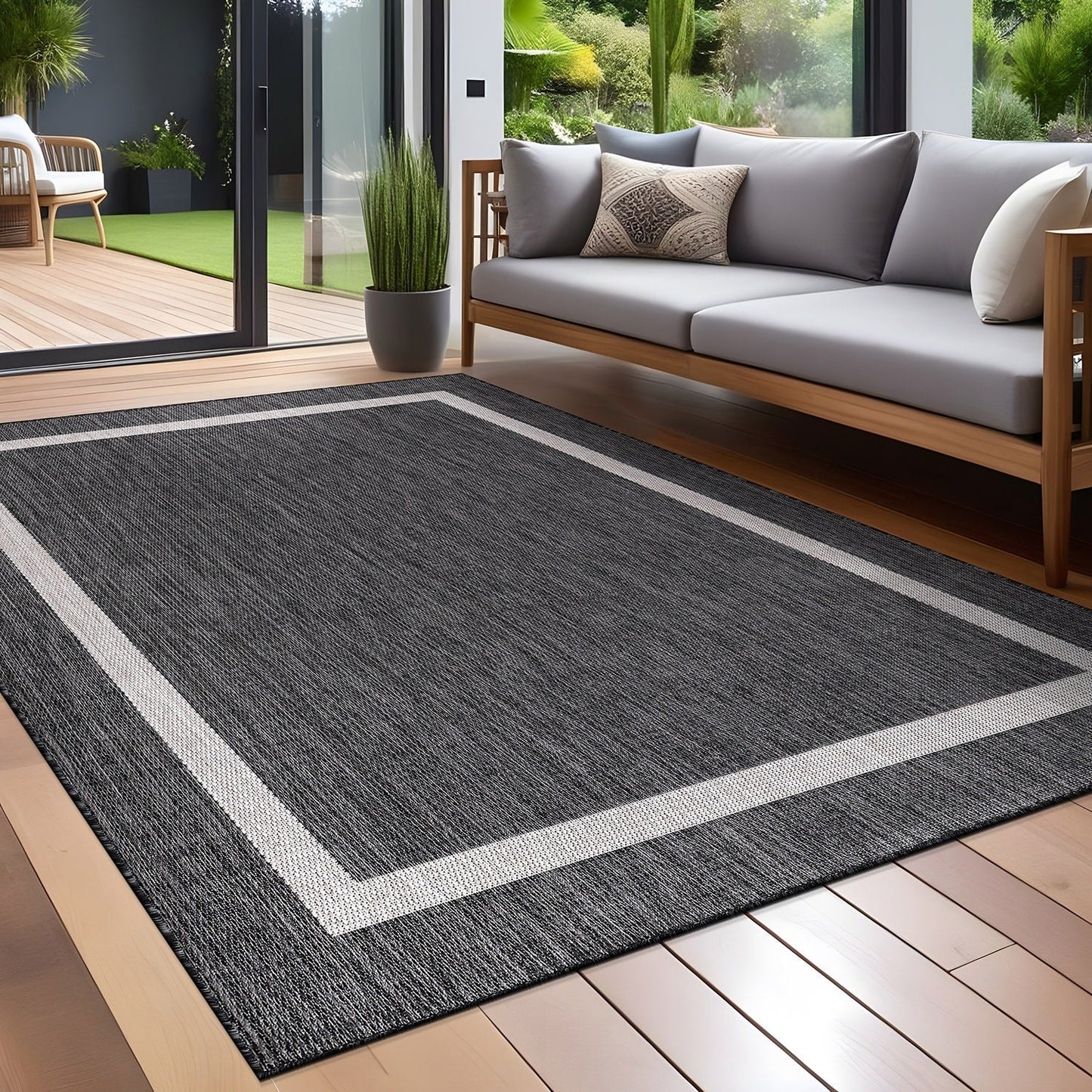 Tapis Beverly Rug moderne à bordures pour intérieur et extérieur, tapis d'extérieur pour patio, terrasse, porche
