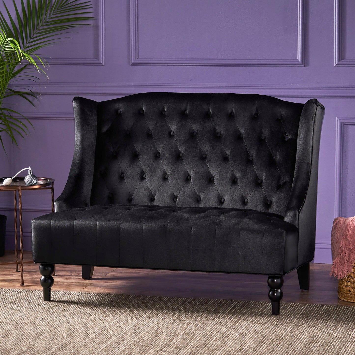 Black Velvet Button Tufted High Wingback Loveseat Sofa