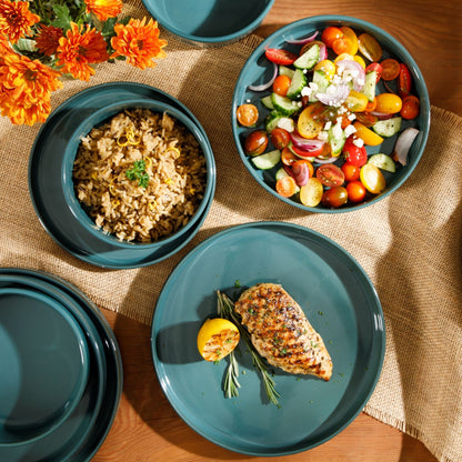 Bloomhouse Santorini Mist 16 Piece Double Bowl Terracotta Reactive Glaze Plates and Bowls Dinnerware Set