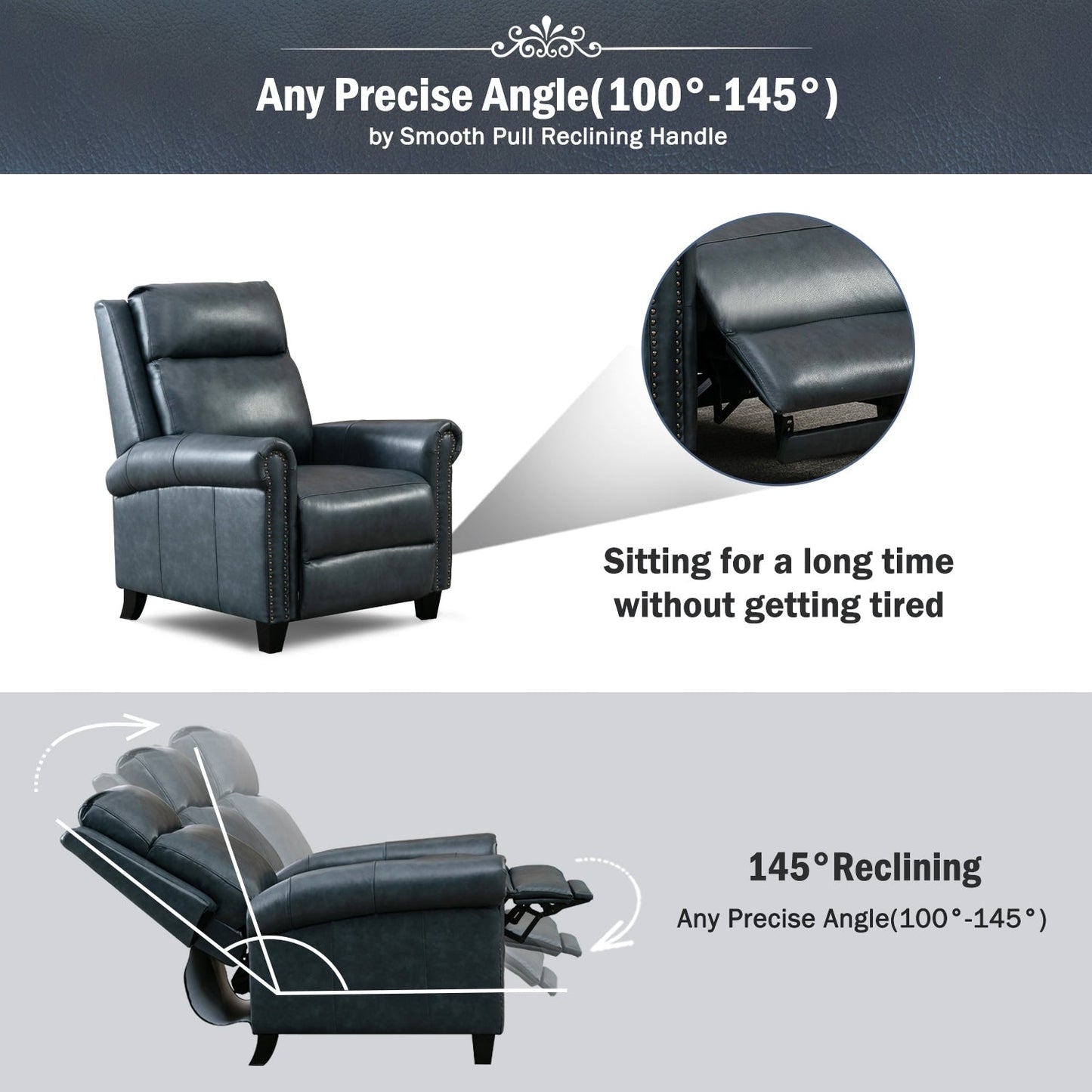 Fauteuil inclinable en cuir véritable avec dossier inclinable, accoudoirs et dossier confortables.