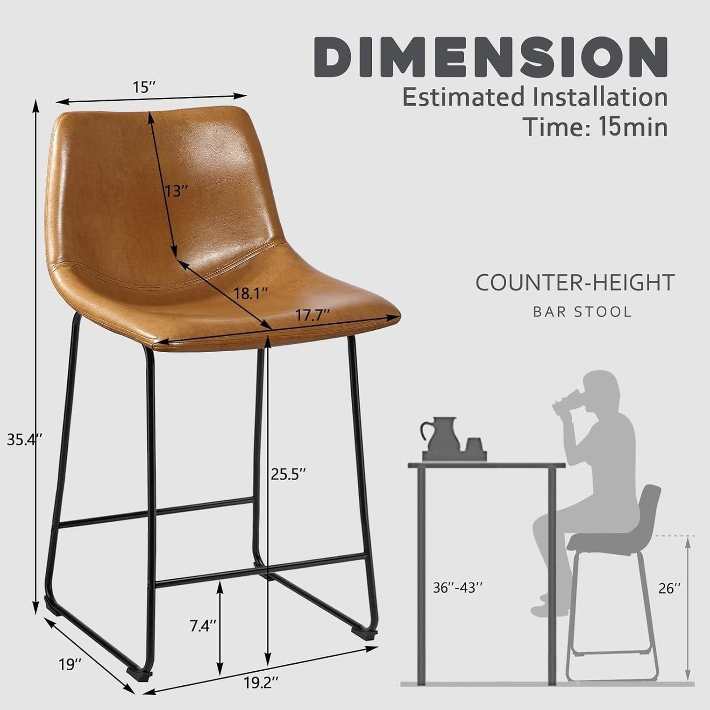 Bossin 18/26/30 inch Bar Stools,Counter Height Bar Stools with Back Modern PU Leather Stools Dining Chair with Footrest