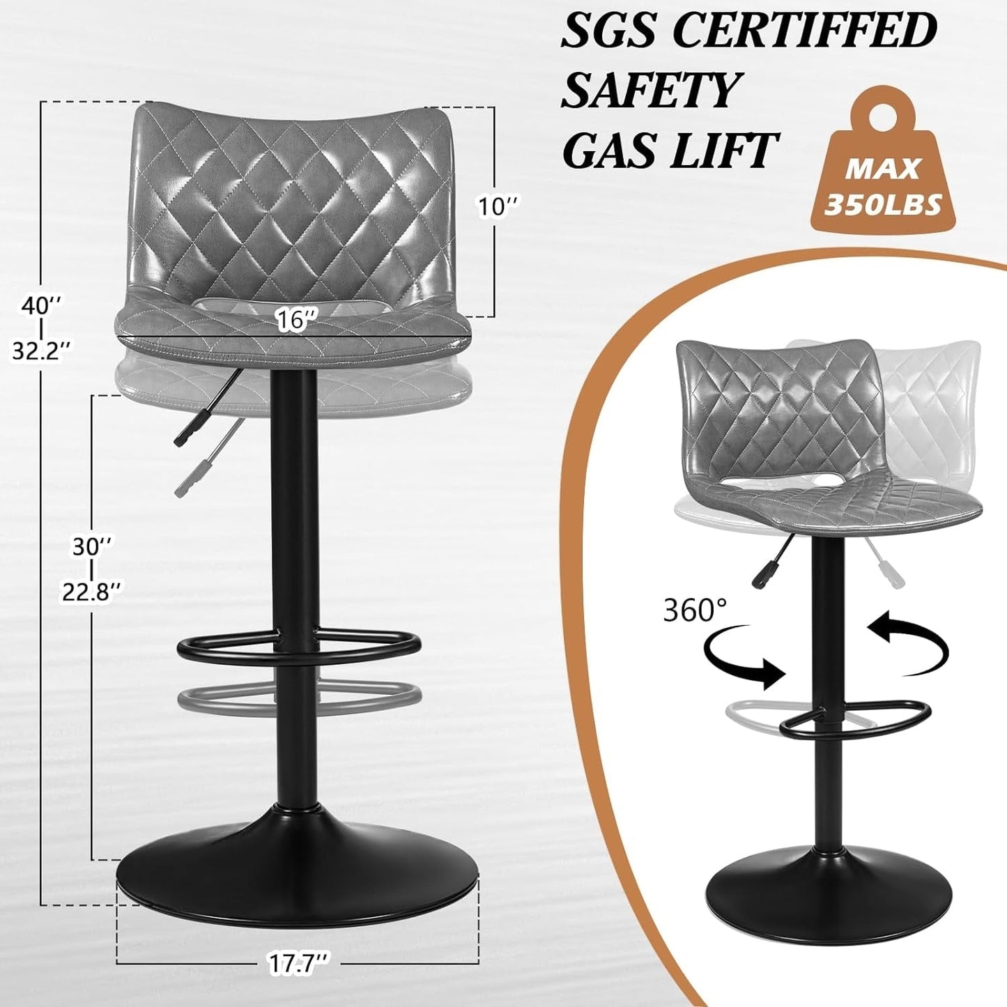 Bossin Adjustable Swivel Bar Stools with Backs – Counter Height