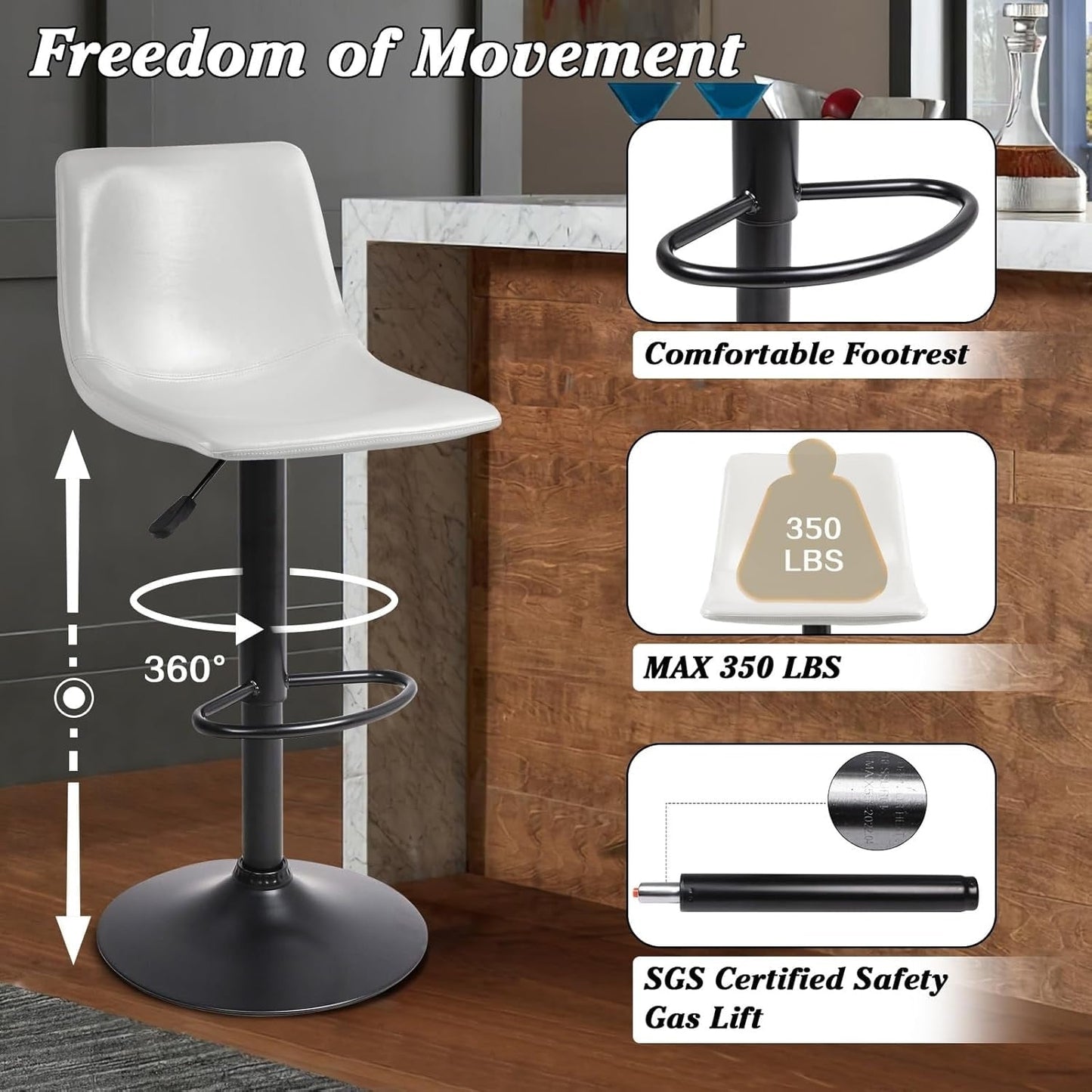 Bossin Adjustable Swivel Bar Stools with Backs – Counter Height