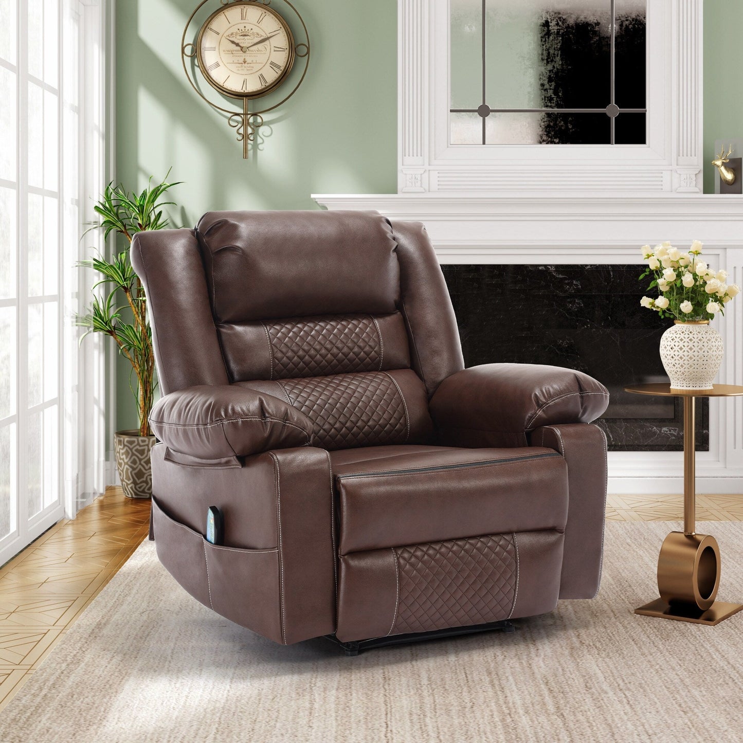 Fauteuil inclinable manuel marron avec massage en 8 points, fonction chauffante et structure robuste pour un confort optimal au salon