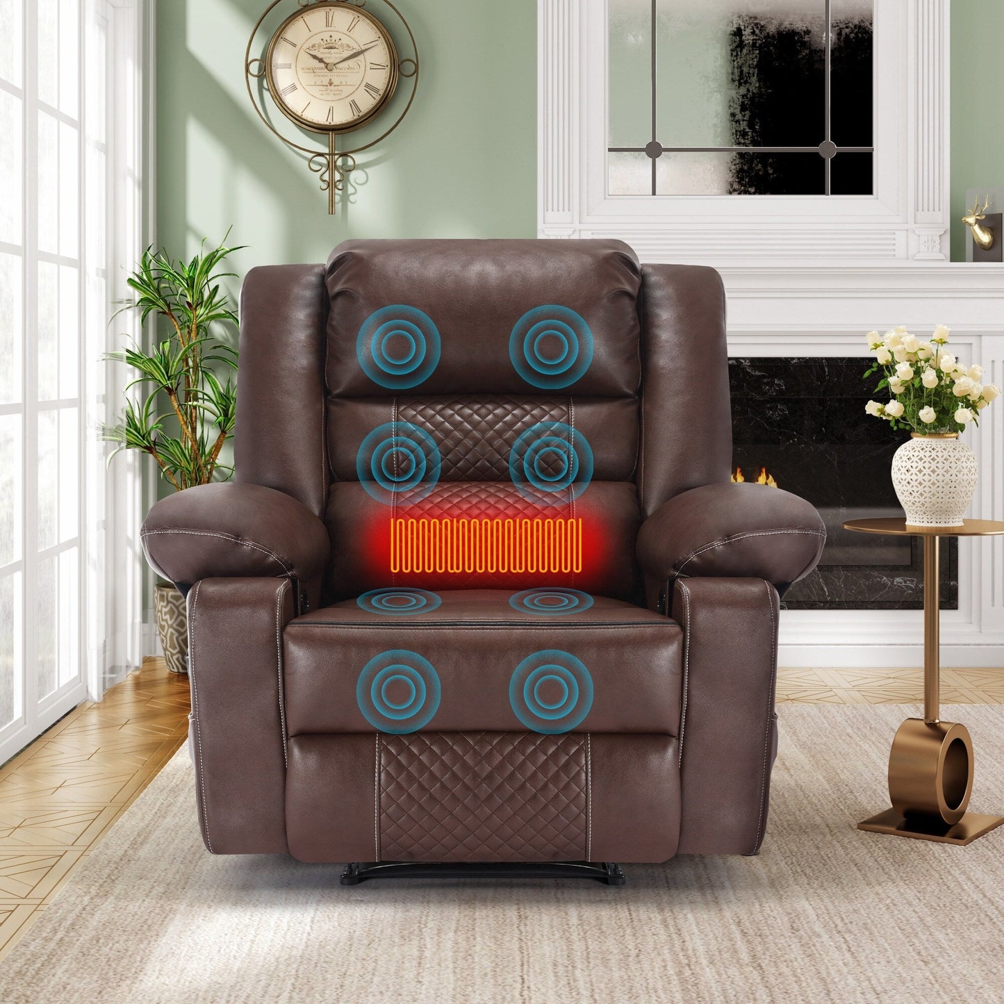 Fauteuil inclinable manuel marron avec massage en 8 points, fonction chauffante et structure robuste pour un confort optimal au salon