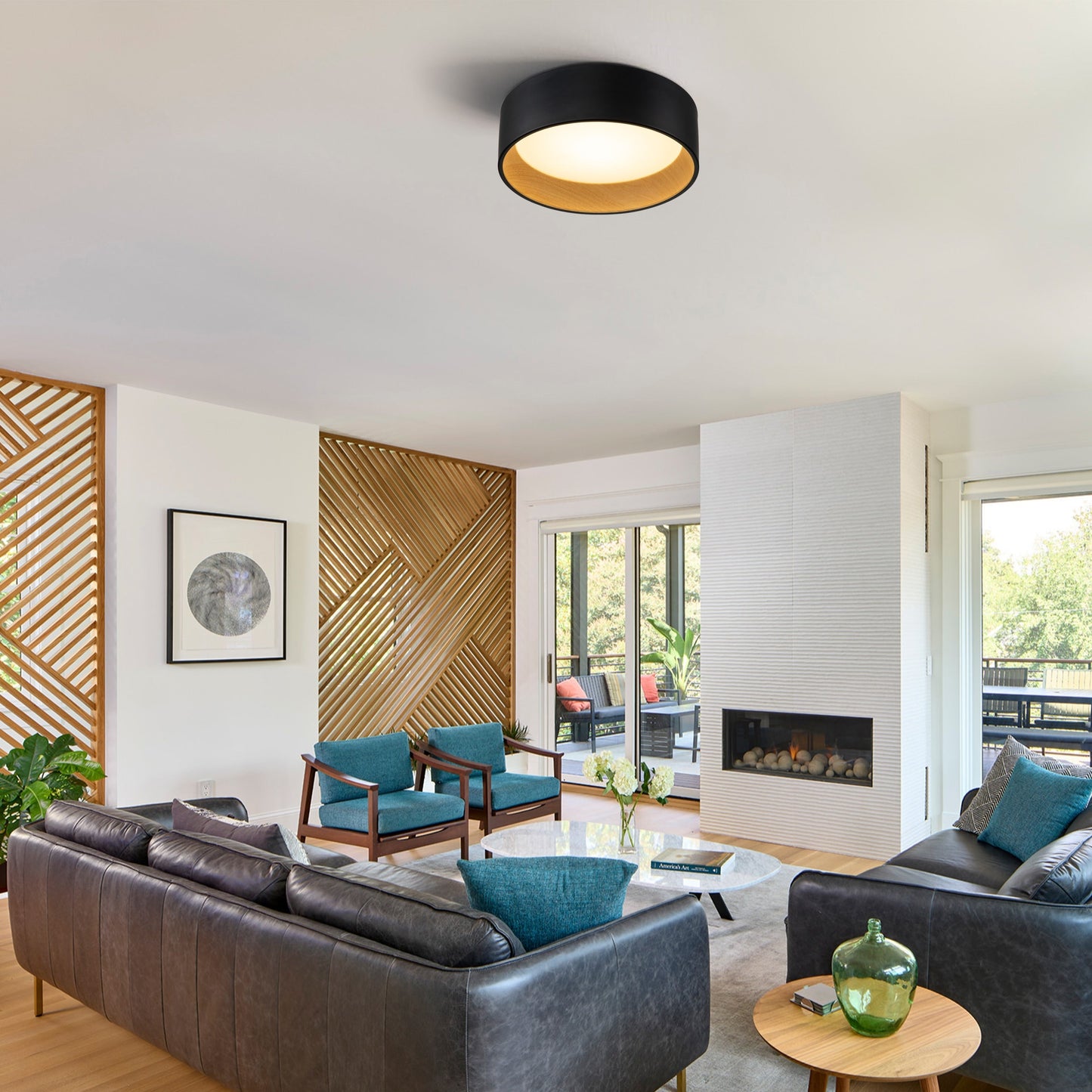 C Cattleya Black and Woodgrain 3CCT Integrated LED Flush Mount Ceiling Light