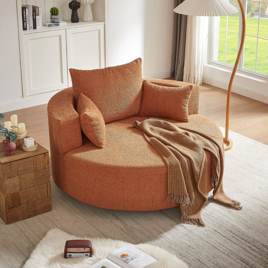 Fauteuil lounge rond en chenille, avec accoudoirs et base pivotante à 360° et 3 coussins amovibles