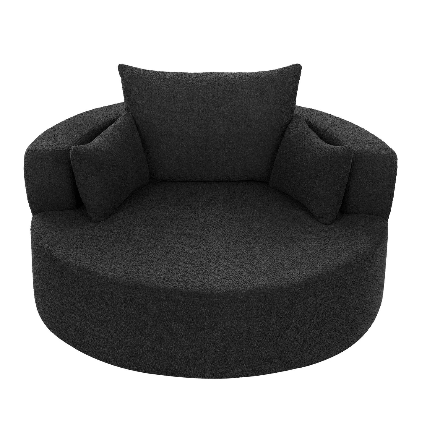 Fauteuil lounge rond en chenille, avec accoudoirs et base pivotante à 360° et 3 coussins amovibles