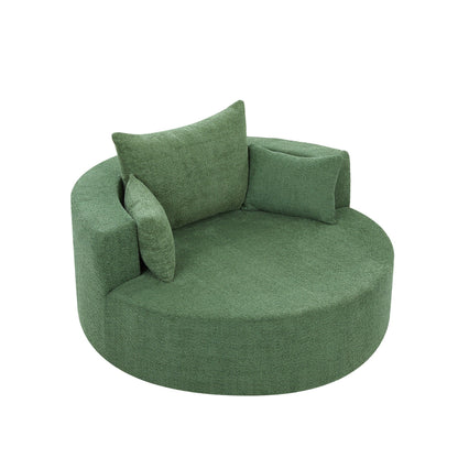 Fauteuil lounge rond en chenille, avec accoudoirs et base pivotante à 360° et 3 coussins amovibles