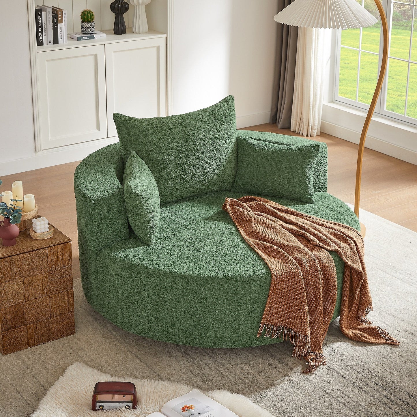 Fauteuil lounge rond en chenille, avec accoudoirs et base pivotante à 360° et 3 coussins amovibles