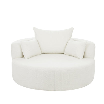Fauteuil lounge rond en chenille, avec accoudoirs et base pivotante à 360° et 3 coussins amovibles