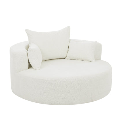 Fauteuil lounge rond en chenille, avec accoudoirs et base pivotante à 360° et 3 coussins amovibles