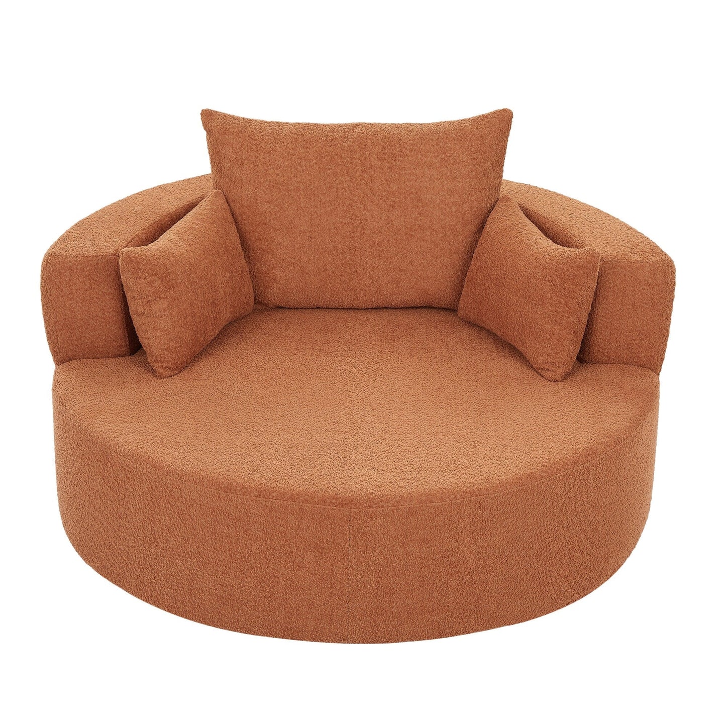 Fauteuil lounge rond en chenille, avec accoudoirs et base pivotante à 360° et 3 coussins amovibles