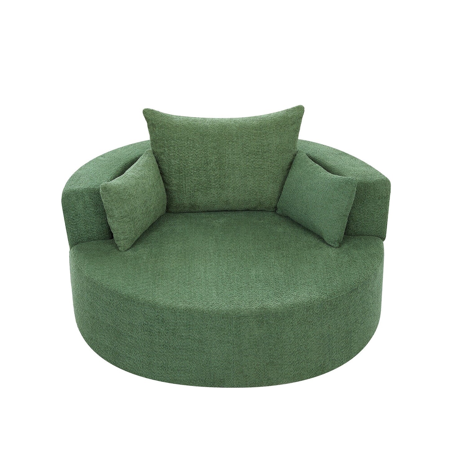 Fauteuil lounge rond en chenille, avec accoudoirs et base pivotante à 360° et 3 coussins amovibles