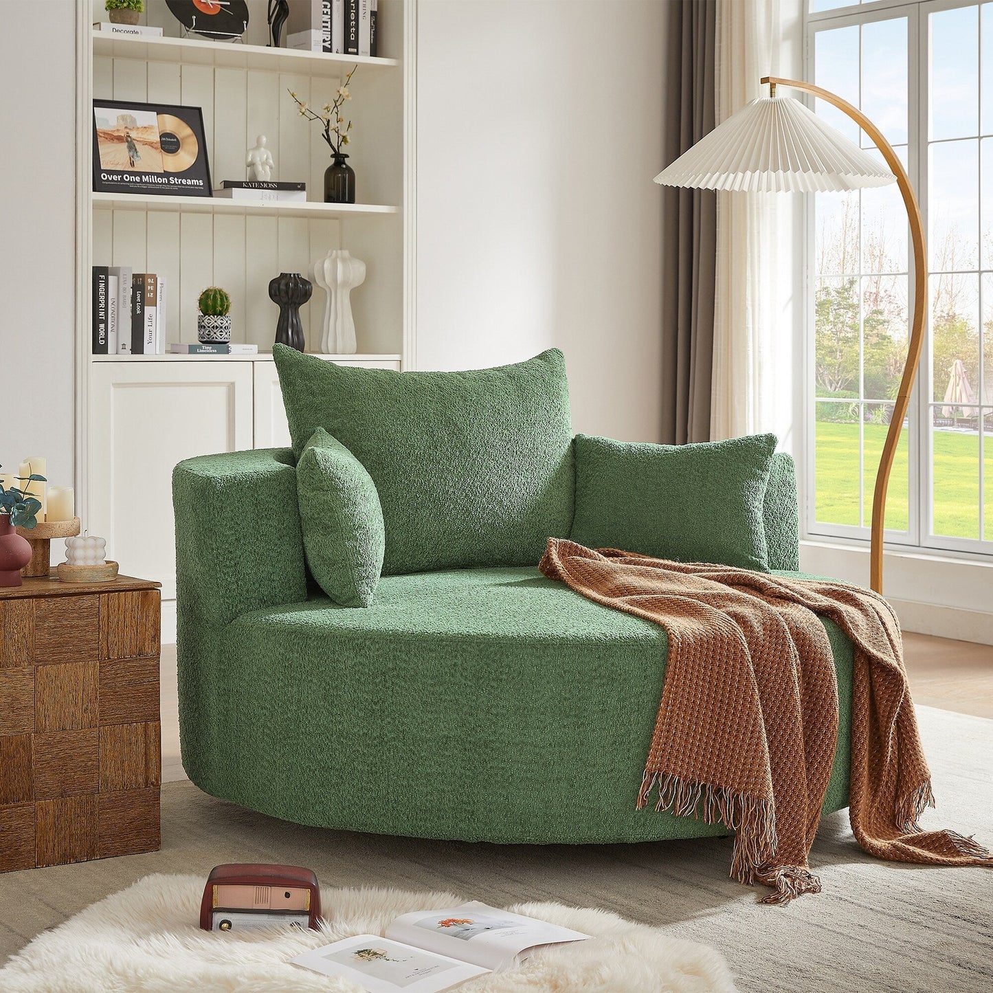 Fauteuil lounge rond en chenille, avec accoudoirs et base pivotante à 360° et 3 coussins amovibles