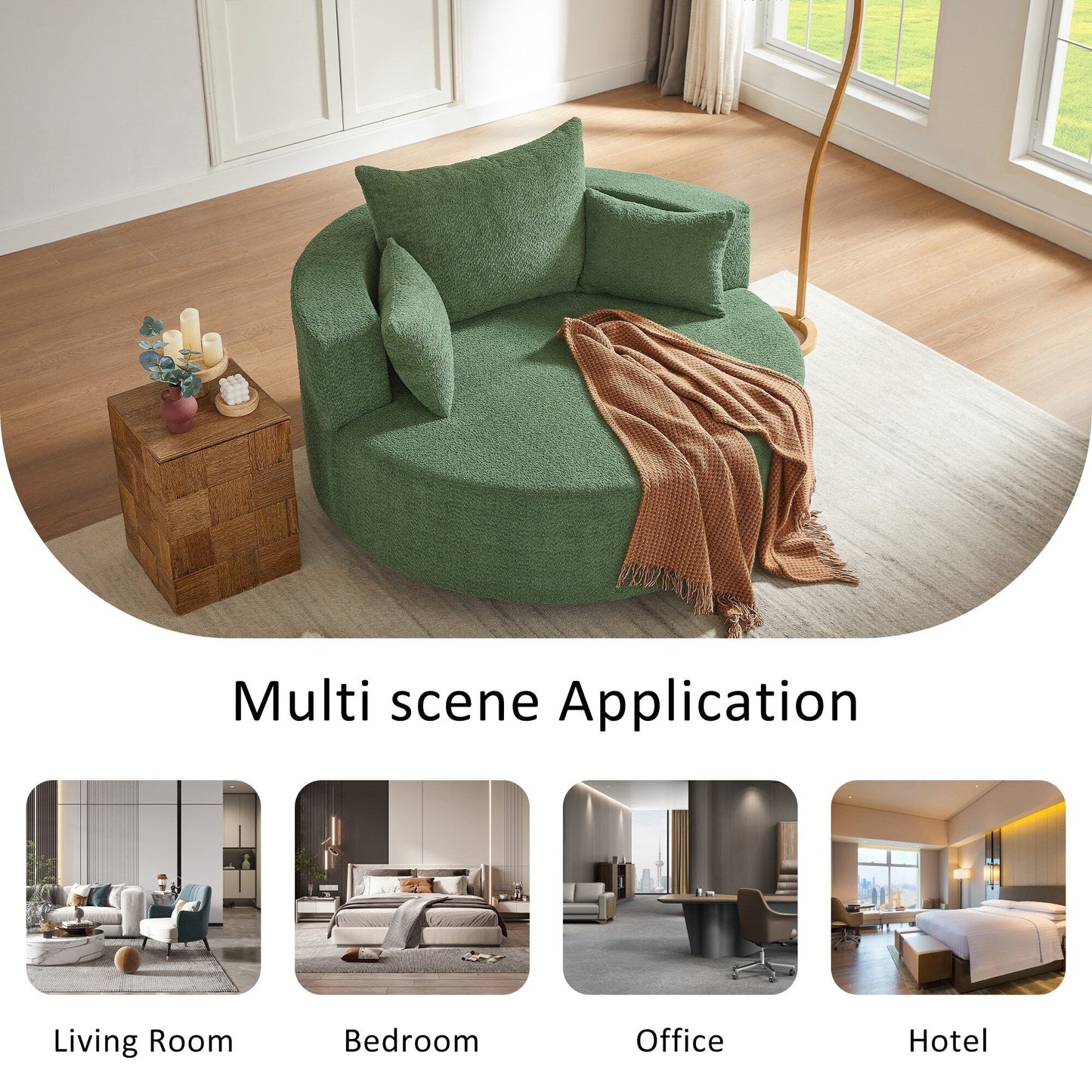 Fauteuil lounge rond en chenille, avec accoudoirs et base pivotante à 360° et 3 coussins amovibles