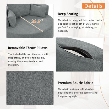 Fauteuil lounge rond en chenille, avec accoudoirs et base pivotante à 360° et 3 coussins amovibles