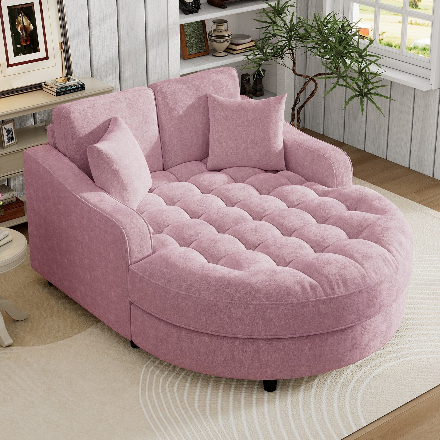 Chenille Chaise Lounge Sofa Bed, Upholstered Sofa Couch with Tufted Backrest and 2 Detachable Pillows for Living Room