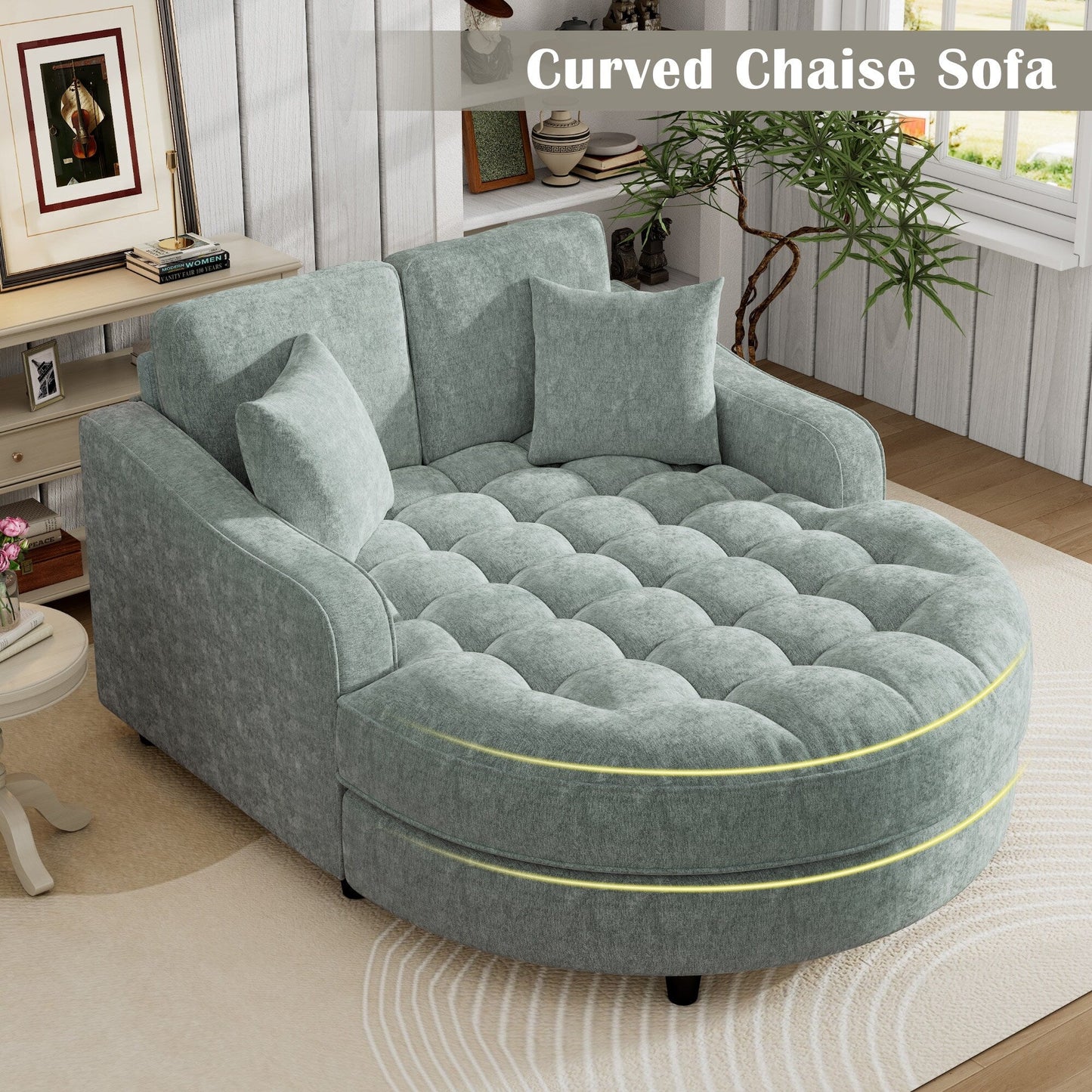 Chenille Chaise Lounge Sofa Bed, Upholstered Sofa Couch with Tufted Backrest and 2 Detachable Pillows for Living Room