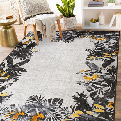 Tapis d'intérieur/extérieur à bordure florale contemporaine