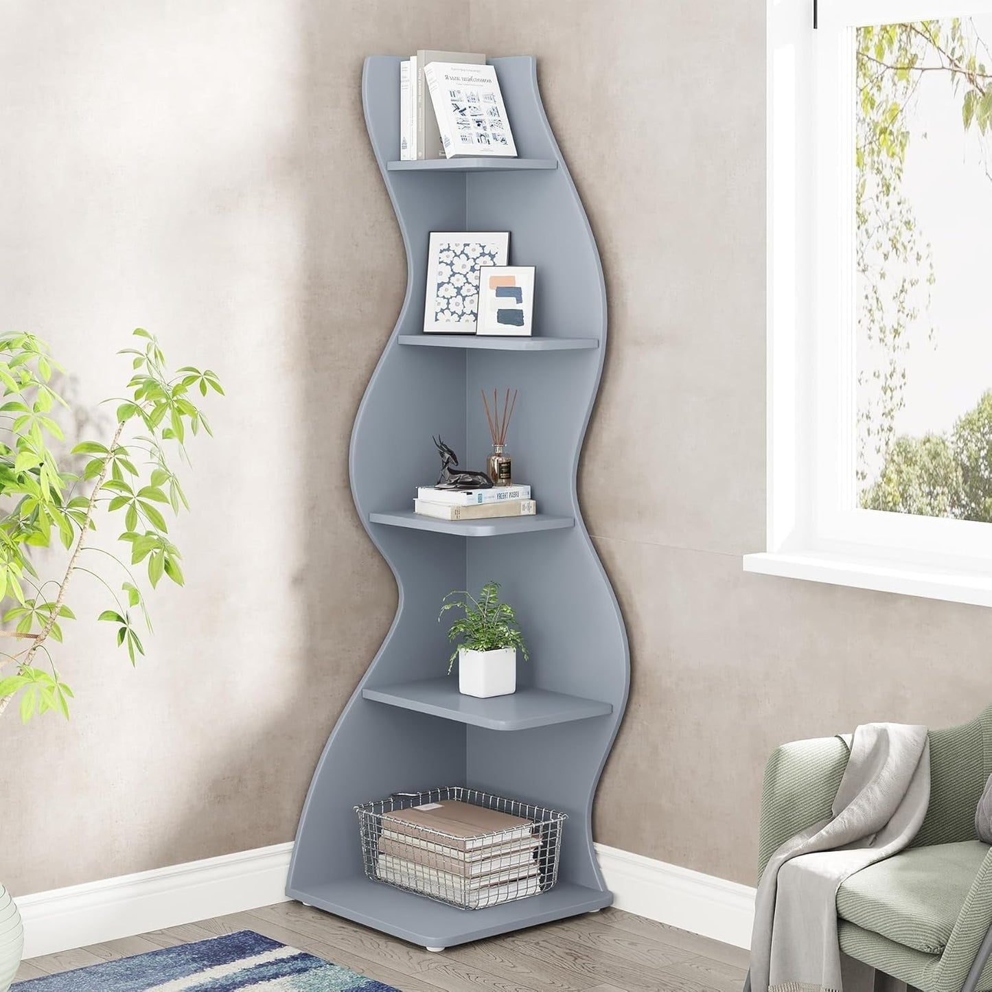 Corner Shelf Bookcase Bookshelf with Unique Shape for Living Room, Home Office