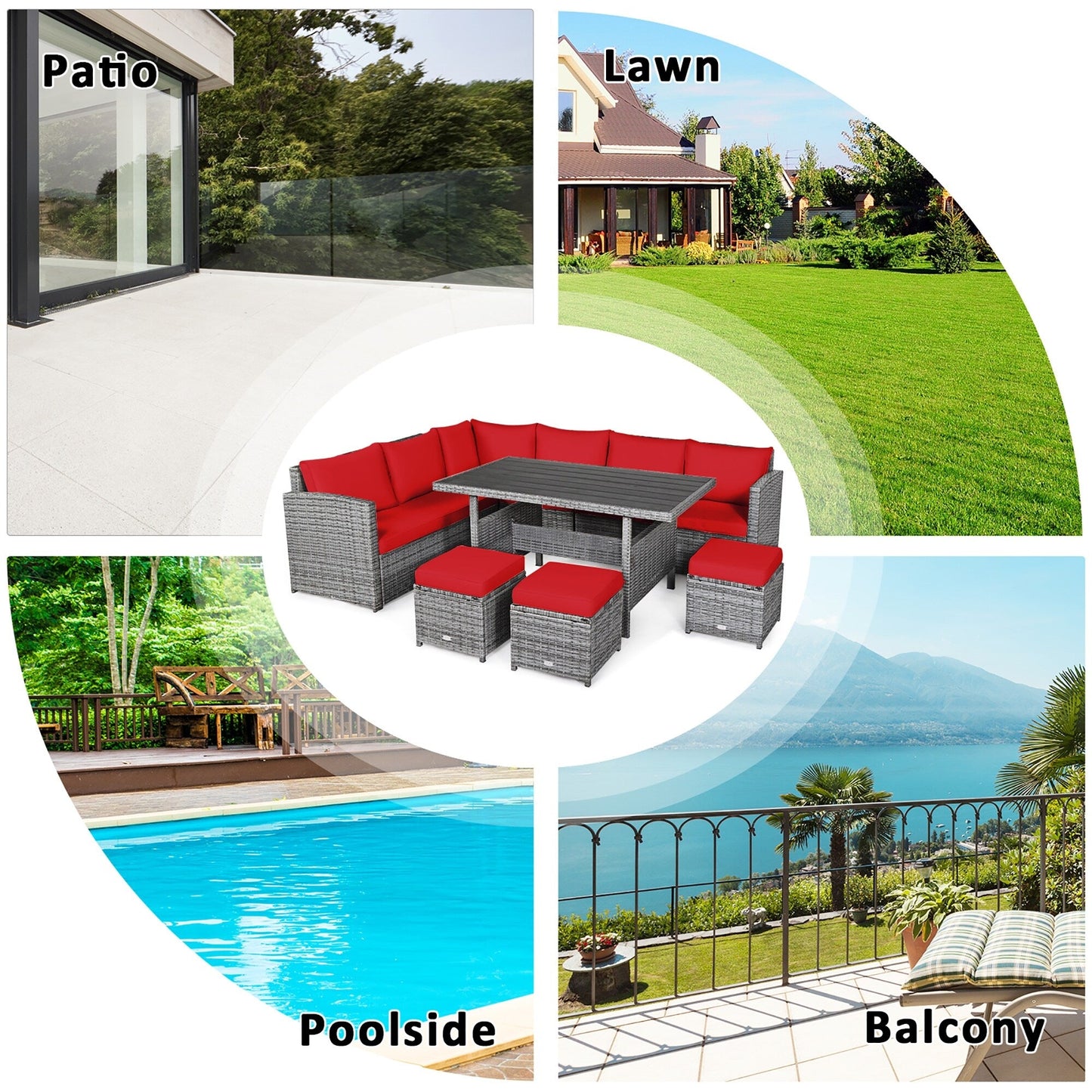 Costway 7 PCS Patio Rattan Dining Set Sectional Sofa Couch Ottoman - See Details