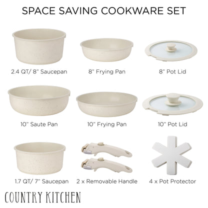 Country Kitchen RV Cookware- 13 Piece Aluminum Pots and Pans with Removable Handle Oven Safe