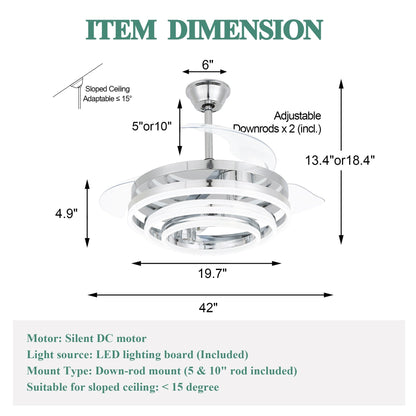 Ventilateur de plafond rétractable Cusp Barn 42 avec lumières et télécommande DIY Forme Fandelier Moderne Silencieux Moteur CC Plafonnier LED
