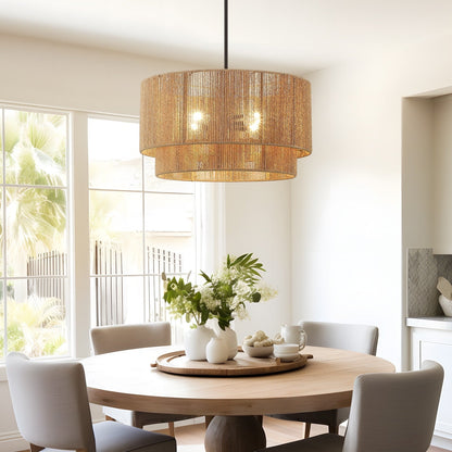 Lustre tambour en rotin naturel à 4 lumières Cynthia - 22 po de largeur