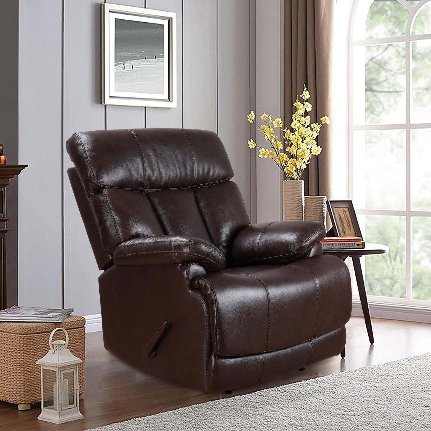 Fauteuil inclinable manuel Davin en cuir pleine fleur marron véritable avec repose-pieds extensible