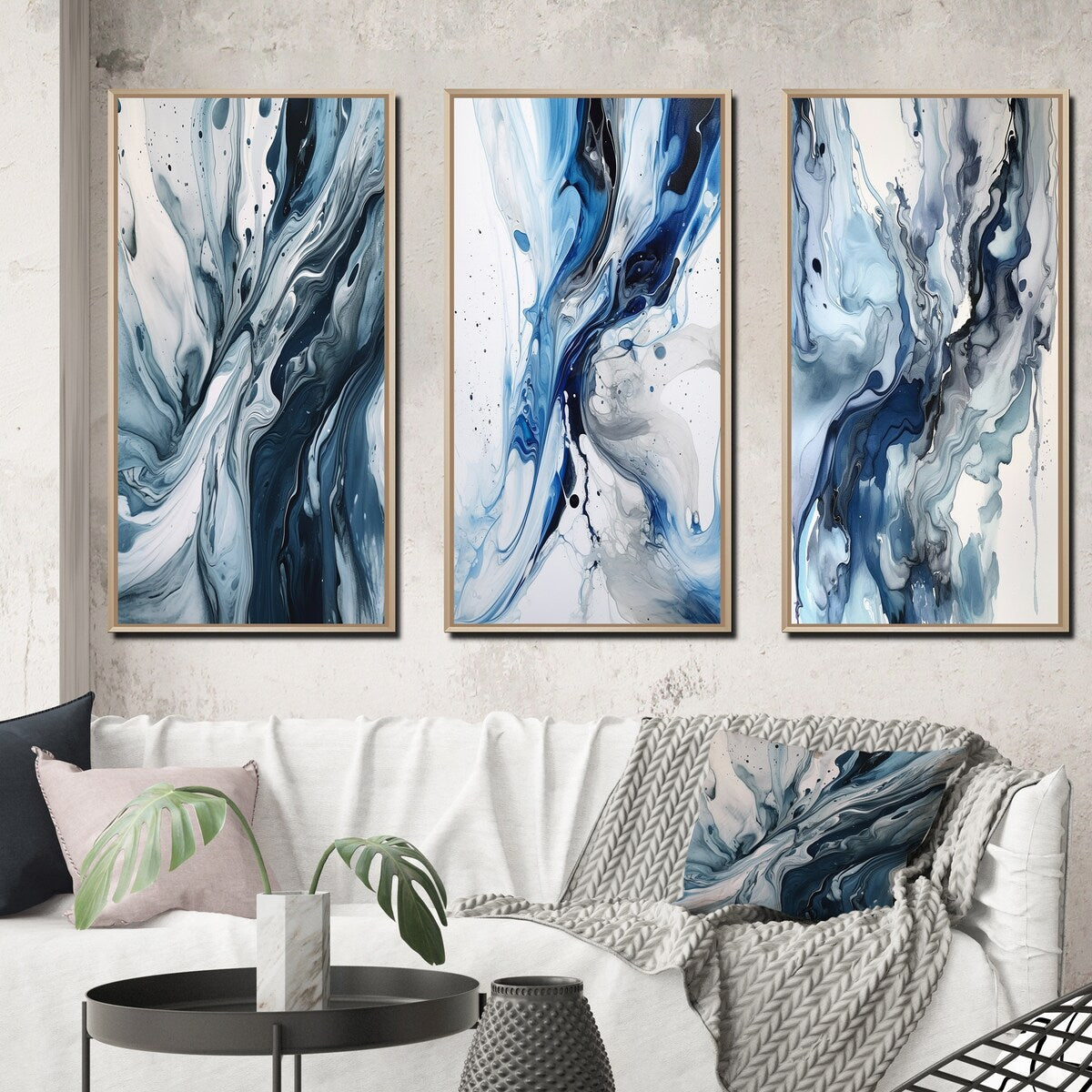 Designart Blue And Grey Ethereal Elixir III Abstract Framed Wall Art Set Of 3 Frame Canvas Set For Living Room Decor